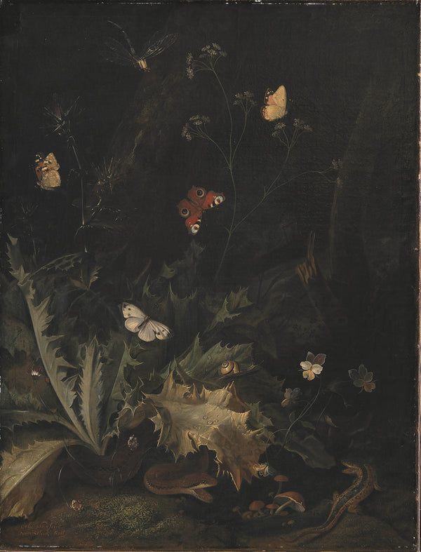 otto-marseus-van-schrieck-a-forest-floor-with-a-thistle-a-snake-a-lizard-and-butterflies-art-print-fine-art-reproduction-wall-art-id-apj635eu6